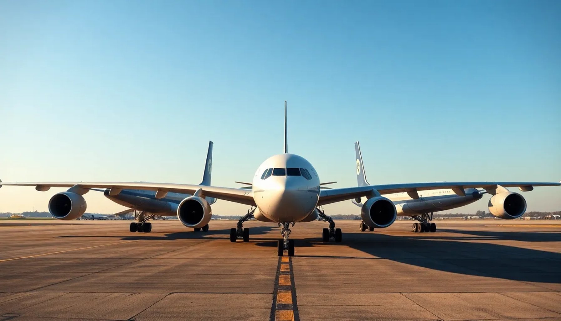 Seis aviones Airbus A330 MRTT alineados en una pista, listos para el reabastecimiento aéreo