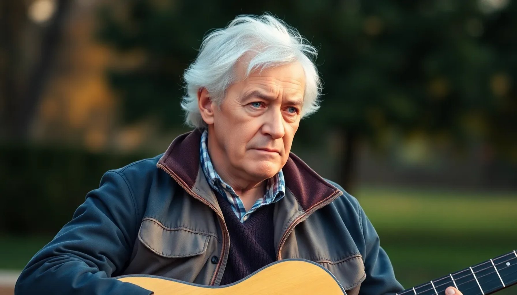 Joan Manuel Serrat de pie con una guitarra, mirando al horizonte bajo luz suave.