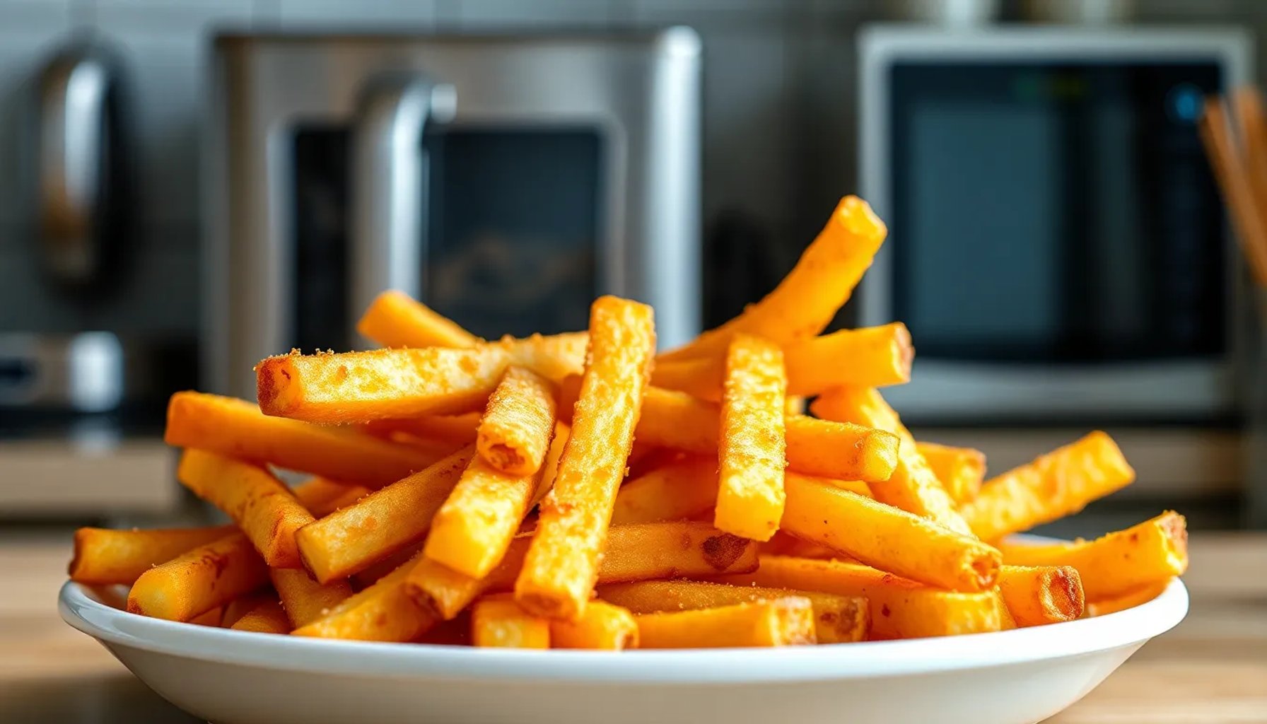 Plato de patatas fritas doradas y crujientes servido en una bandeja blanca