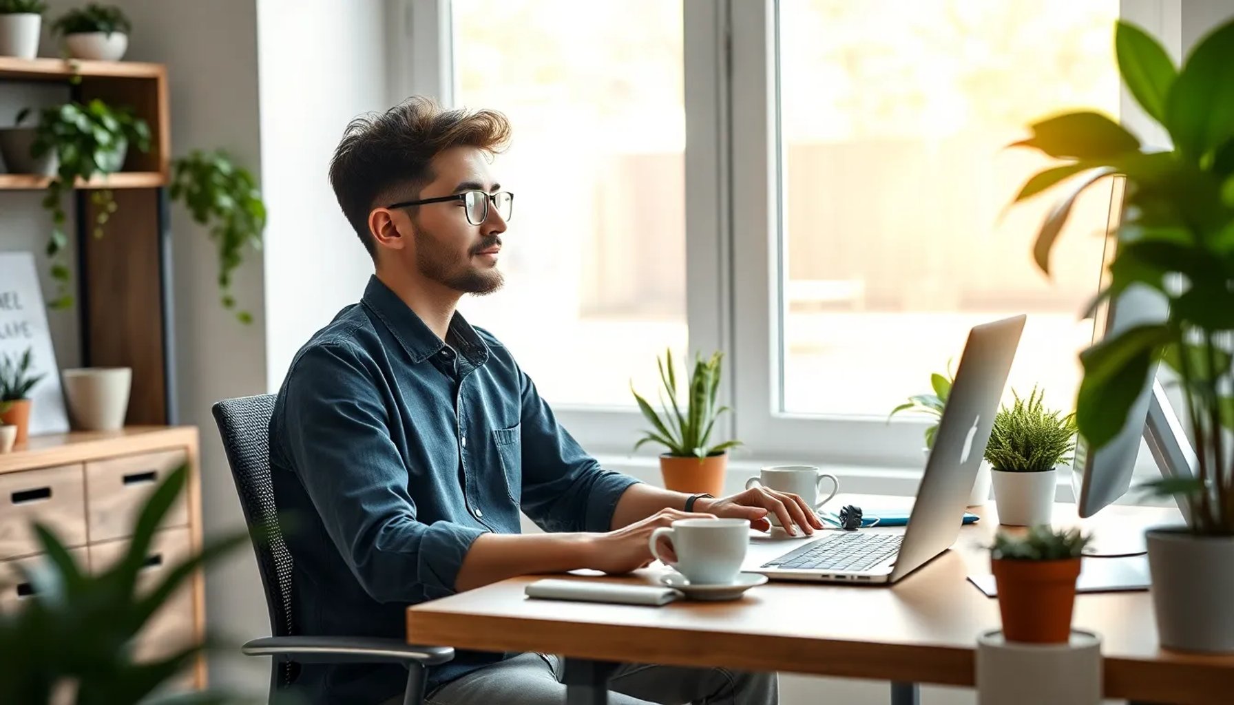 Joven profesional trabajando desde su laptop, rodeado de plantas, sin una oficina tradicional ni jerarquía visible