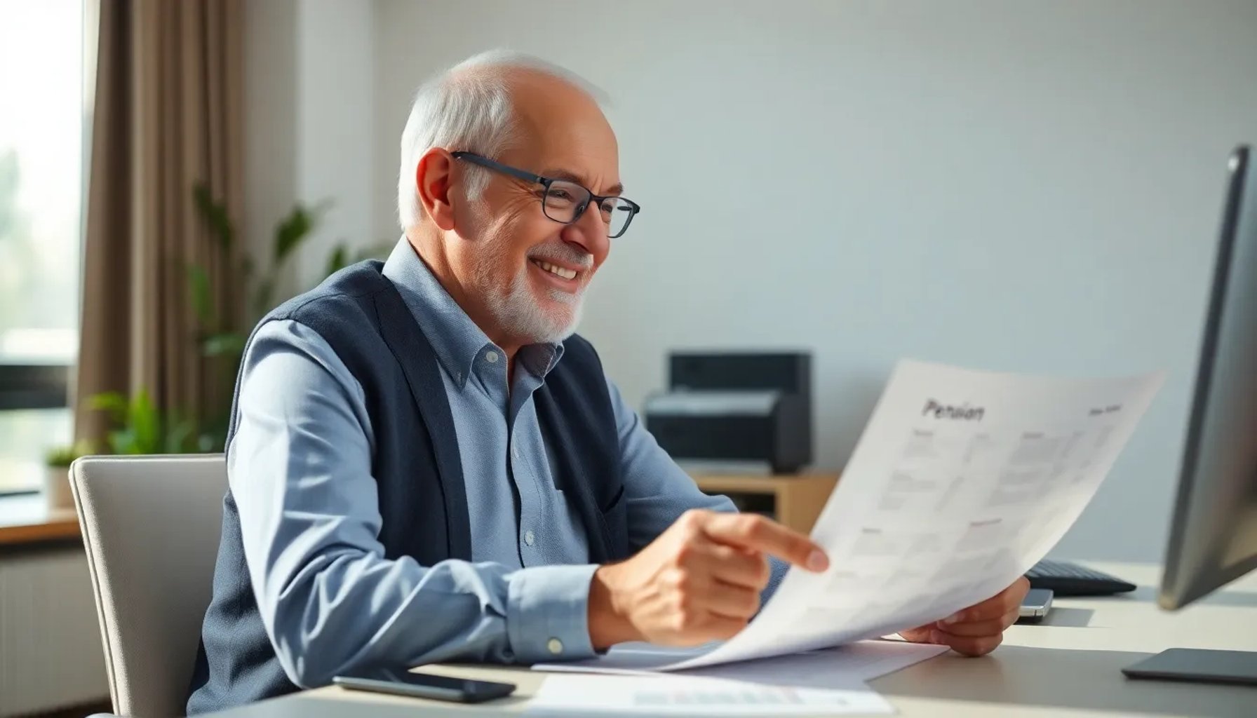 Persona mayor sonriente revisando documentos de pensión mientras trabaja en una oficina luminosa