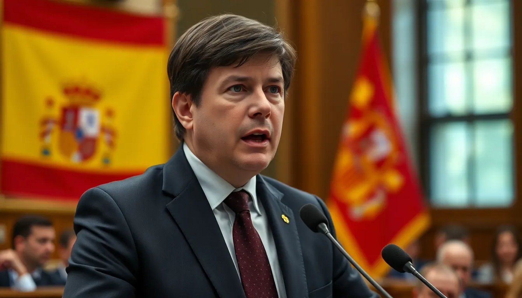 Carles Puigdemont hablando en el Congreso de los Diputados, con fondo de banderas de España y Cataluña