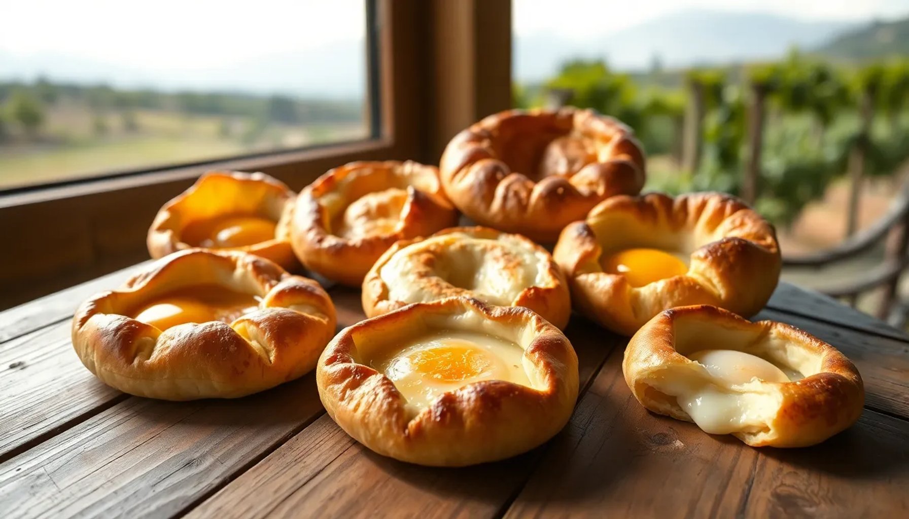 Variedades de khachapuri georgiano en una tabla de madera con fondo de paisaje caucásico