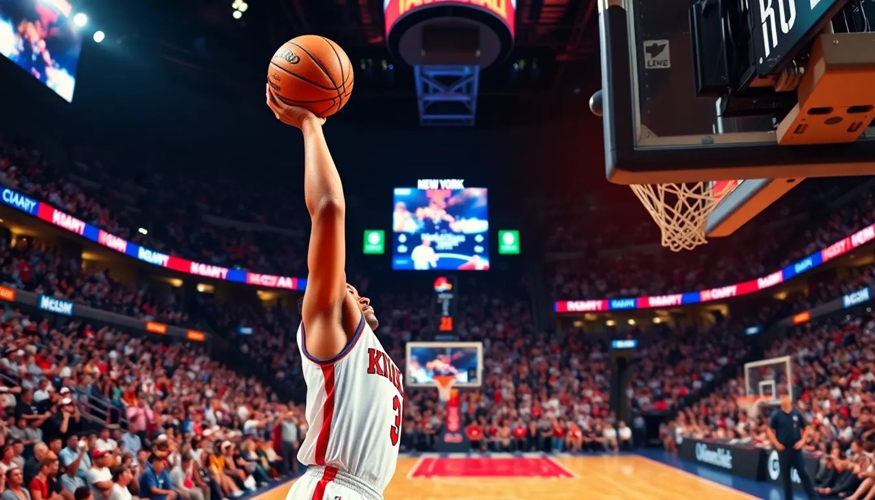 Jugador de los Knicks encestando un triple mientras la audiencia celebra en el Madison Square Garden
