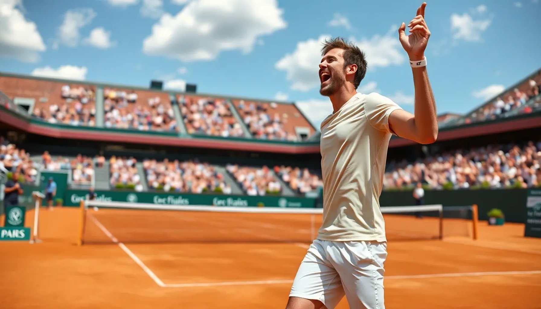 Casper Ruud celebrando su victoria sobre Novak Djokovic en los cuartos de final de Roland Garros 2024