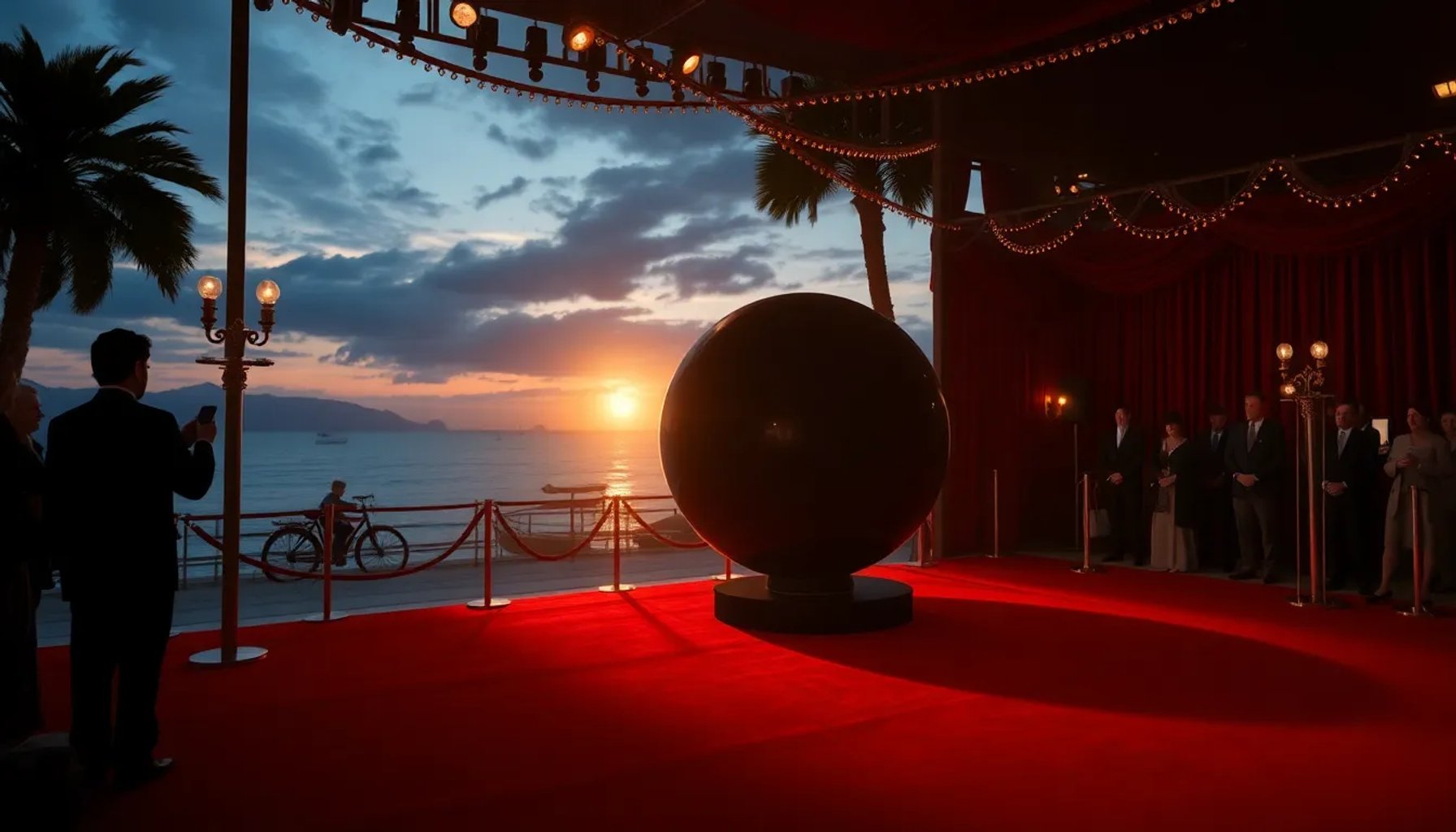 Escena de 'La bola negra' con una esfera negra brillante y símbolos lorquianos bajo luces de festival en Cannes