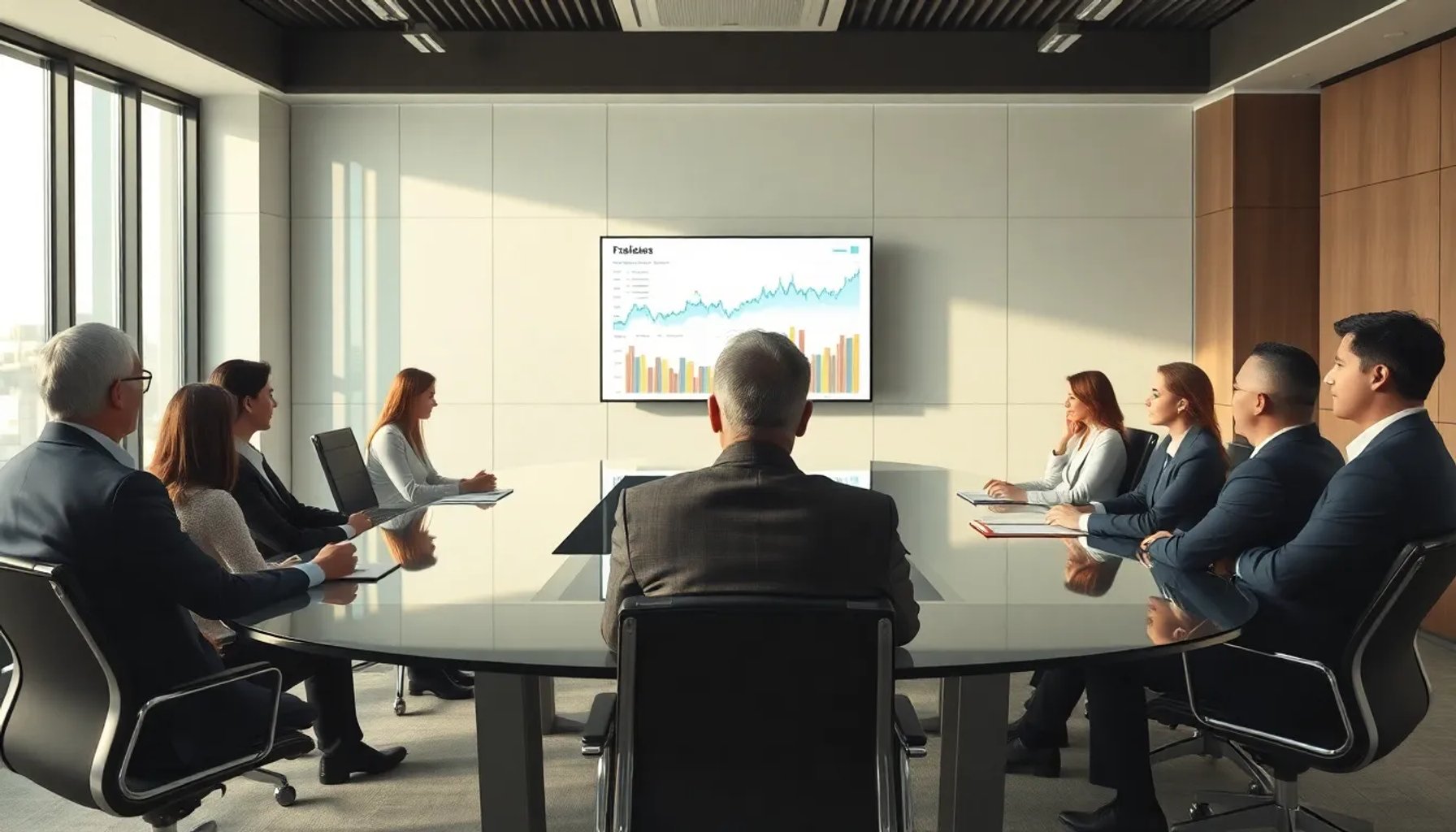 Imagen de una sala de juntas con directivos y gráficos de crecimiento financiero