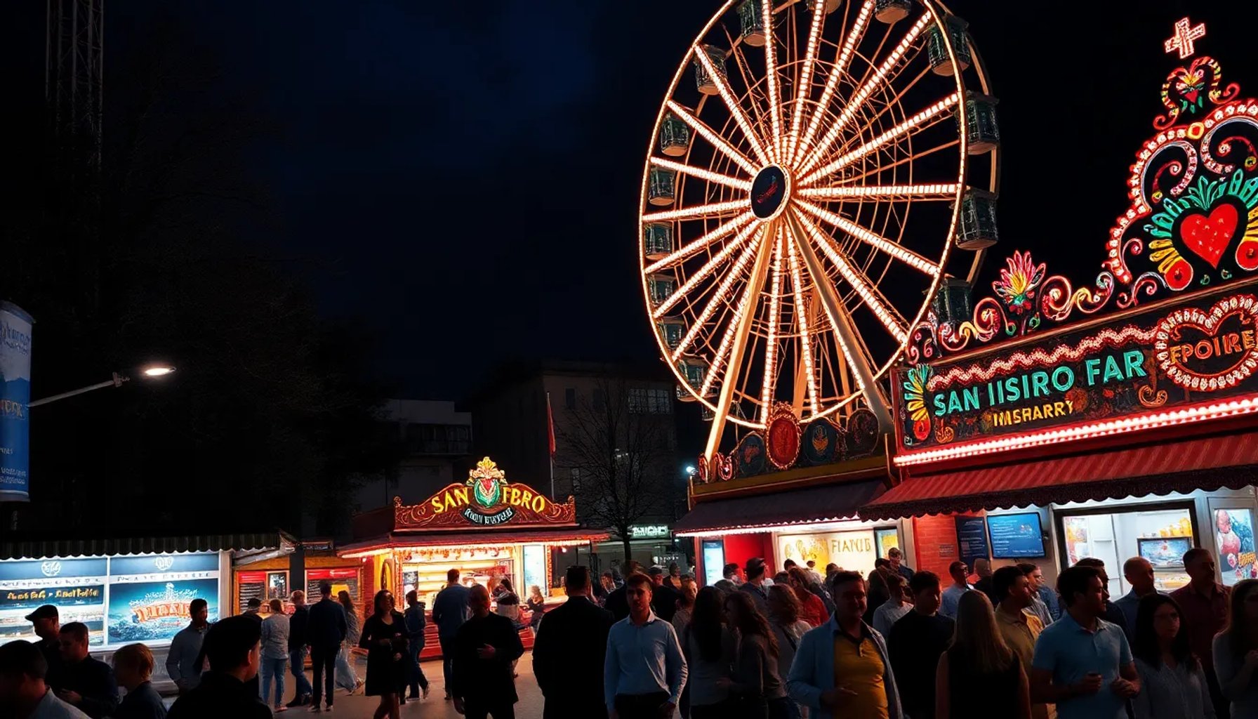 Vista panorámica de la Feria de San Isidro 2026 con luces, atracciones y gente disfrutando en el centro de Madrid