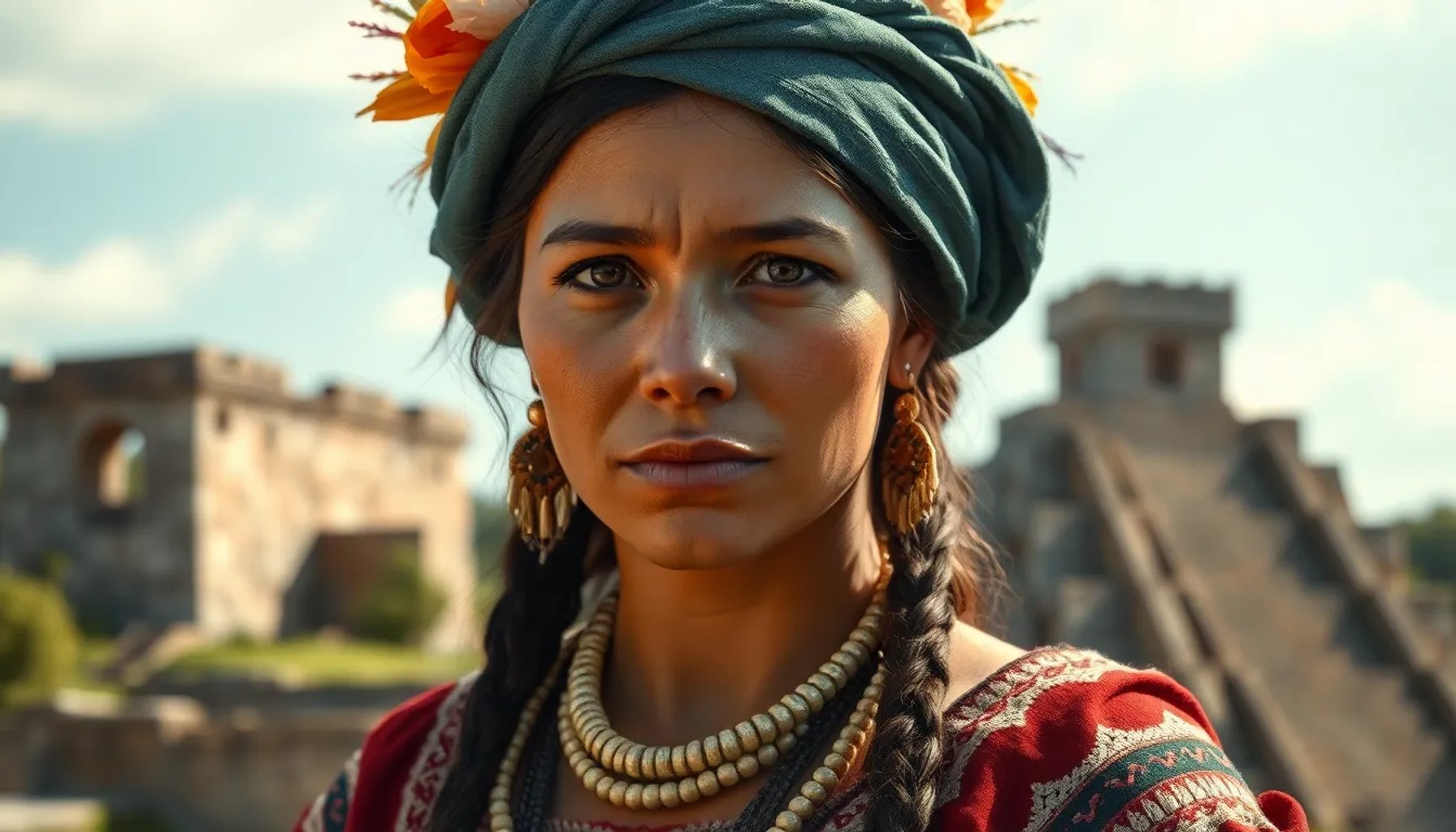 Retrato artístico de La Malinche, mujer indígena del siglo XVI, vestida con ropa tradicional nahua y fondo de ruinas aztecas