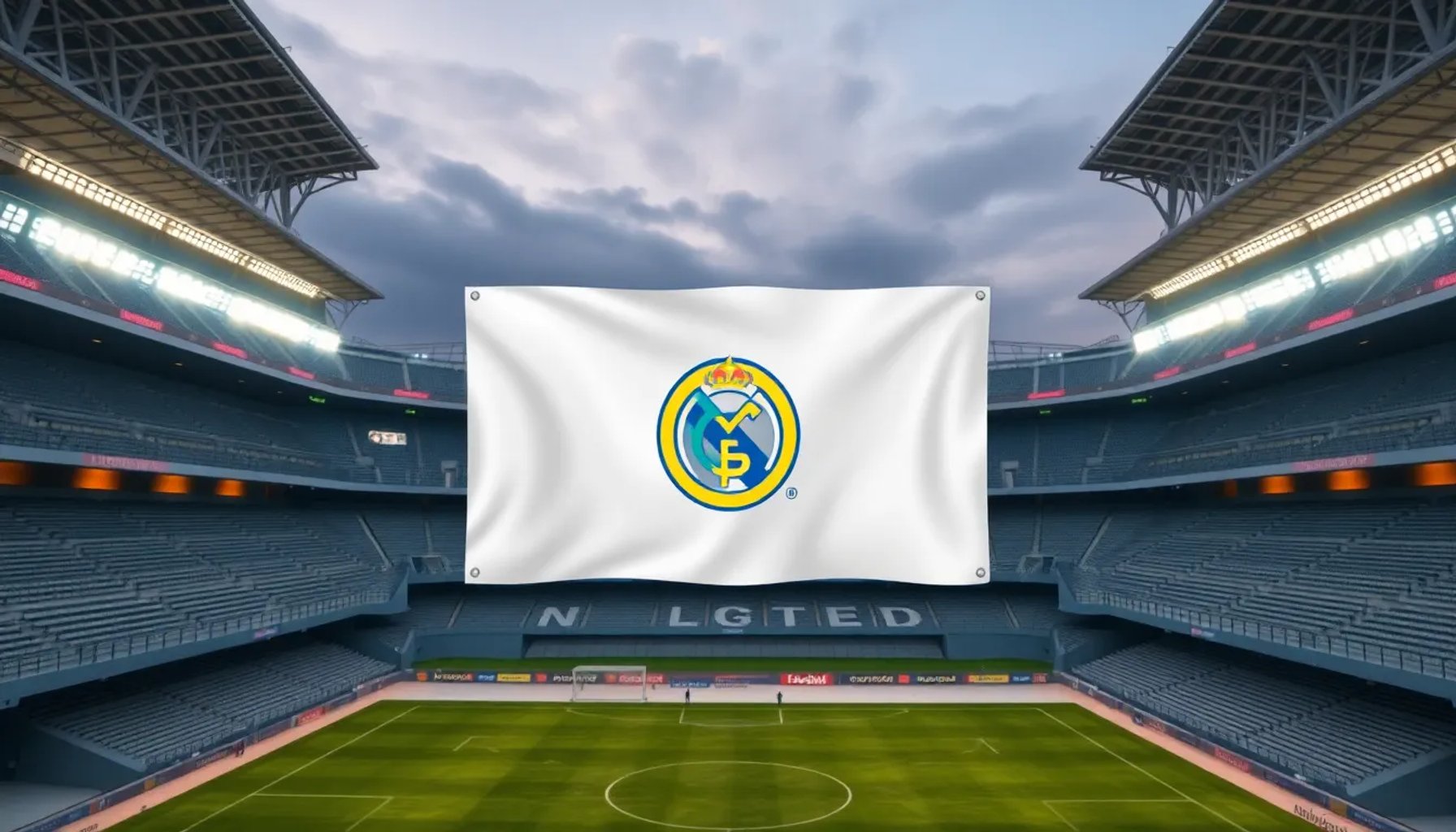 Imagen del Estadio Santiago Bernabéu vacío con banderas del Real Madrid y una cruz papal superpuesta