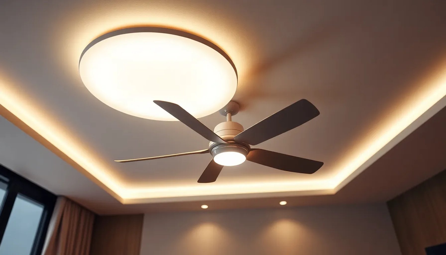 Lámpara de techo con ventilador de Lidl instalada en una sala moderna, emitiendo luz cálida y una brisa silenciosa