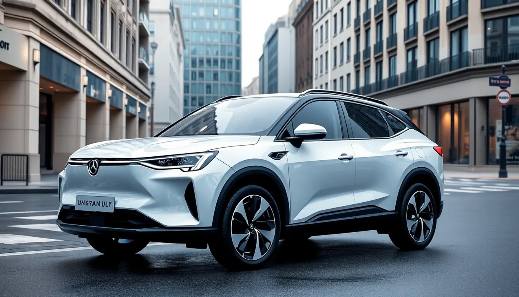 Vehículo eléctrico premium de marca china exhibido en una calle europea con fondo de arquitectura urbana
