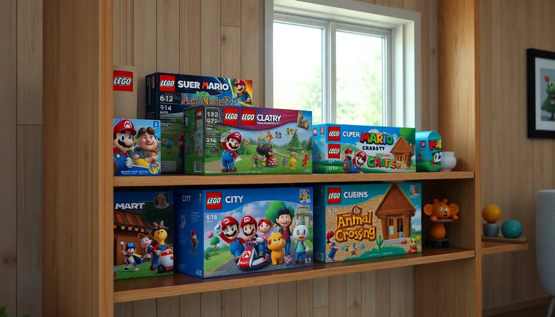 Estante con sets de LEGO de Super Mario, Mario Kart y Animal Crossing listos para comprar
