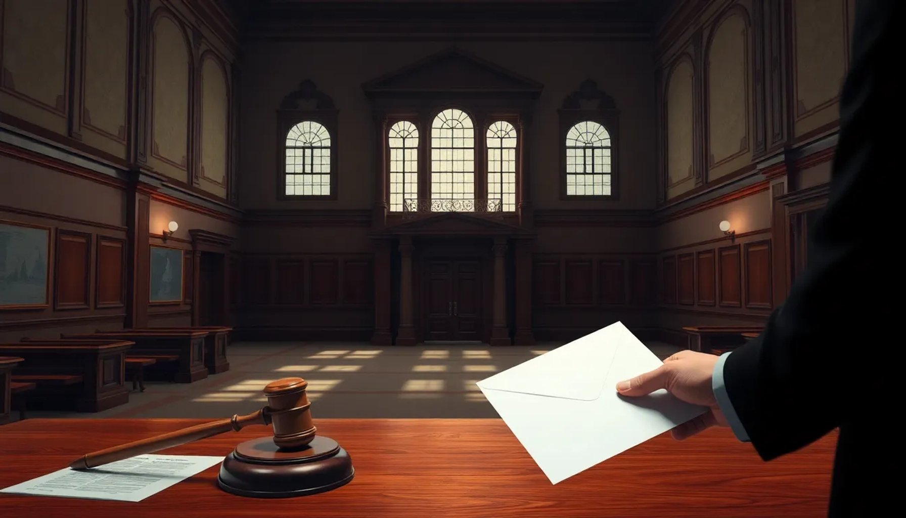 Imagen de un edificio de tribunales con documentos legales y una sobrea sobre una mesa