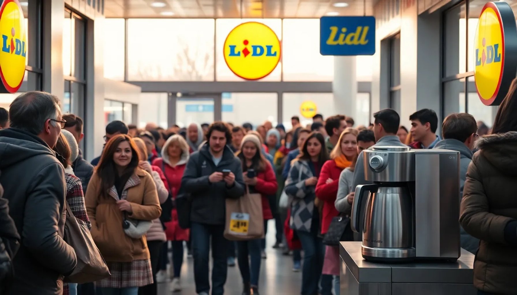 Cliente en un mostrador de Lidl sosteniendo la cafetera italiana espresso de 24,99 euros