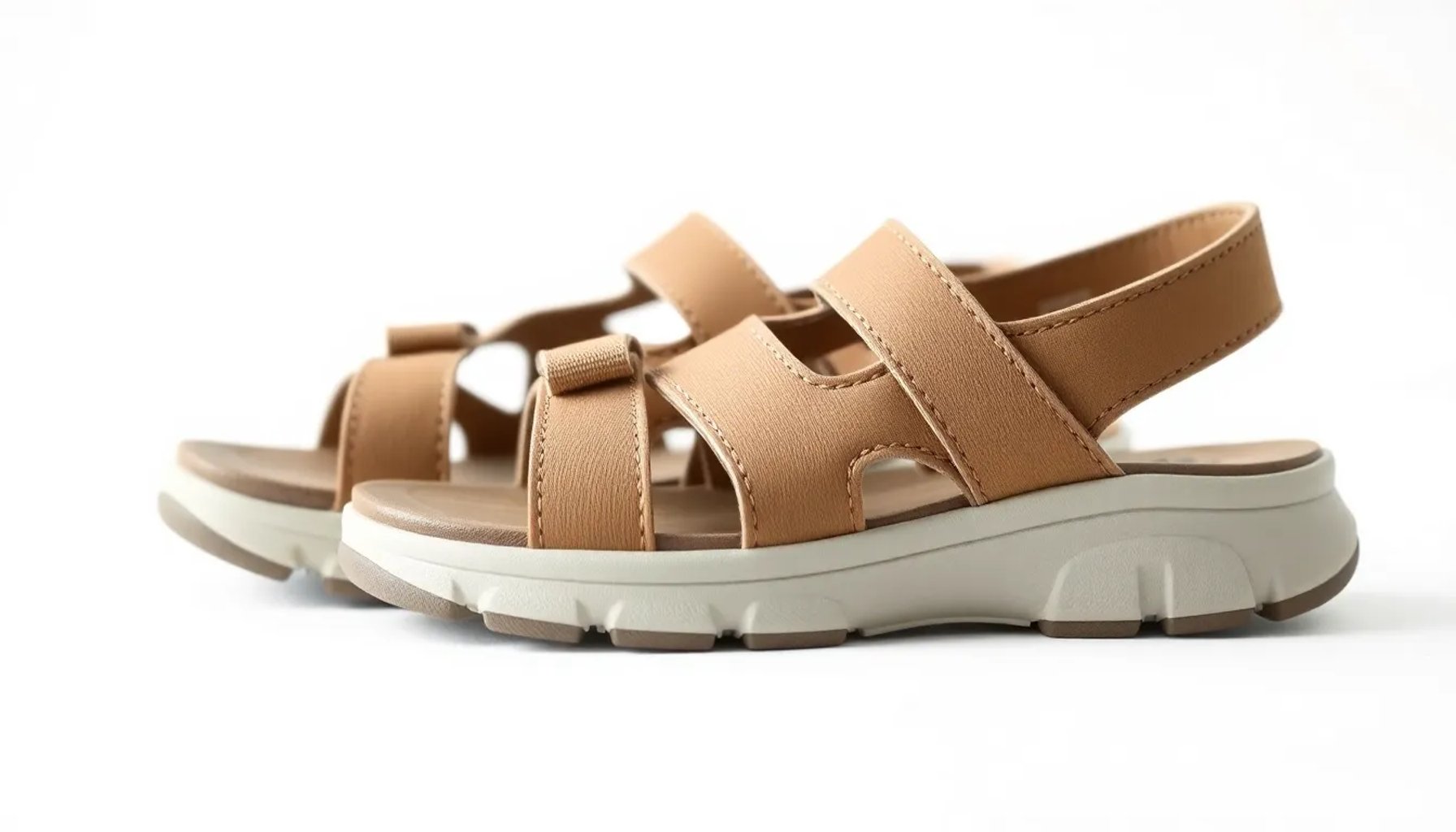 Sandalias tipo Skechers de color neutro sobre fondo blanco, mostrando su suela de goma y correas ajustables