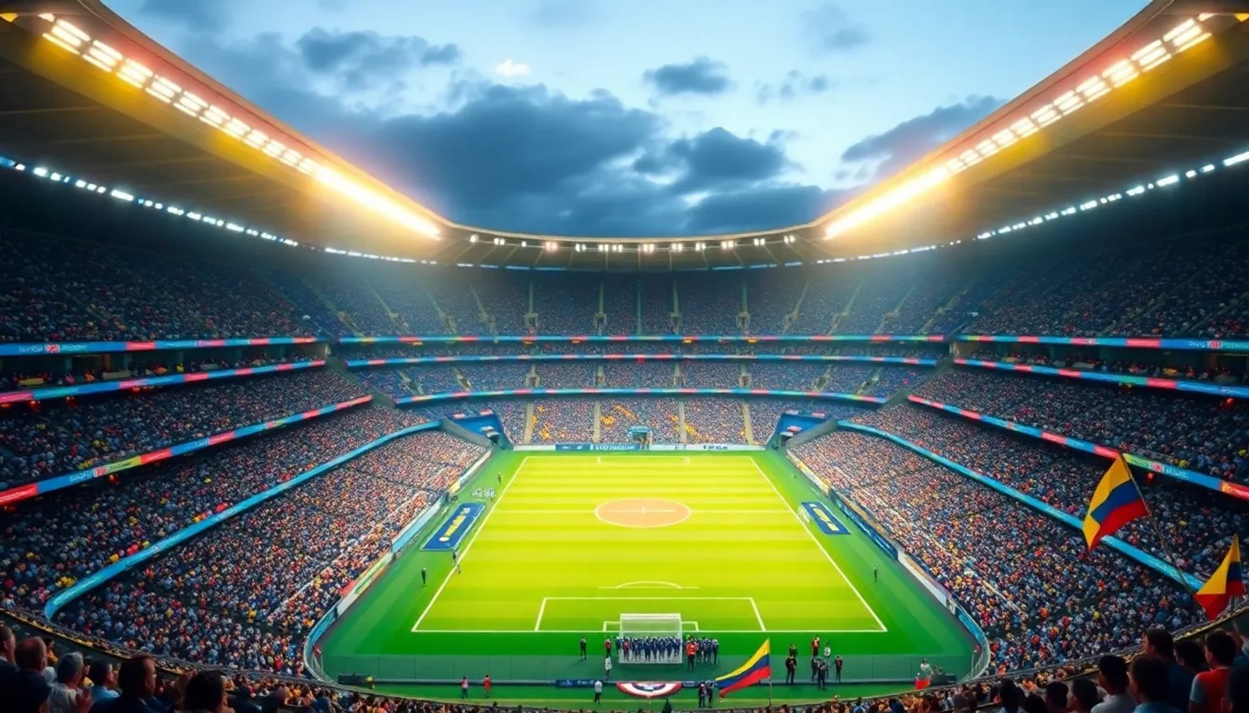 Imagen de un estadio colombiano lleno de aficionados durante un partido nocturno de la Liga BetPlay