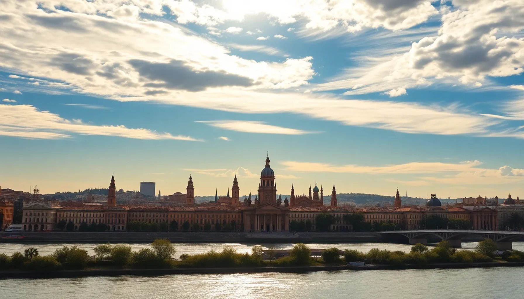 Vista panorámica del cielo de Sevilla con nubes y sol, representando el pronóstico del 12 de mayo
