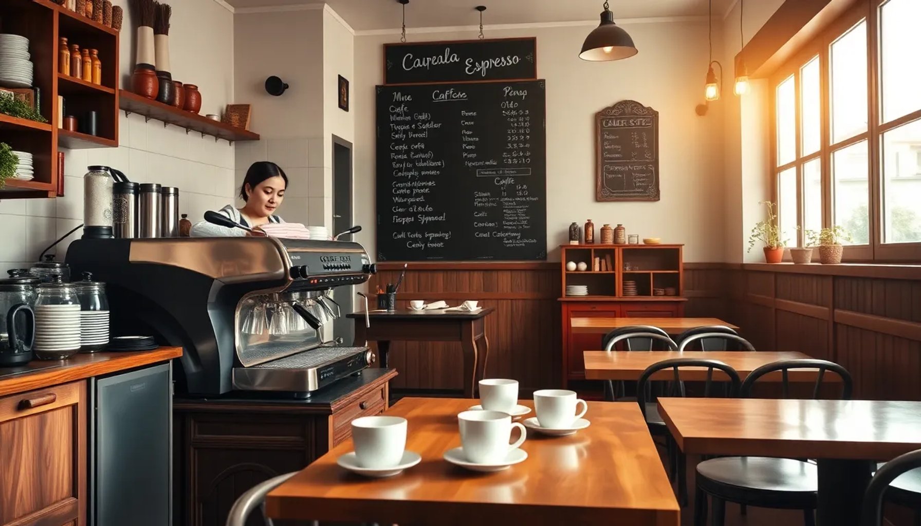 Lorena detrás de la barra de su cafetería, preparando café mientras revisa cuentas en una libreta