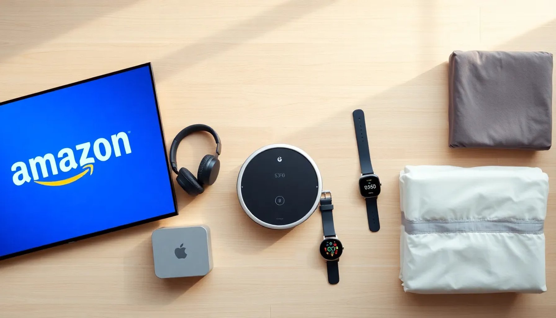 Colage de productos en oferta: televisor 4K, auriculares inalámbricos, robot aspirador, smartwatch y juego de sábanas