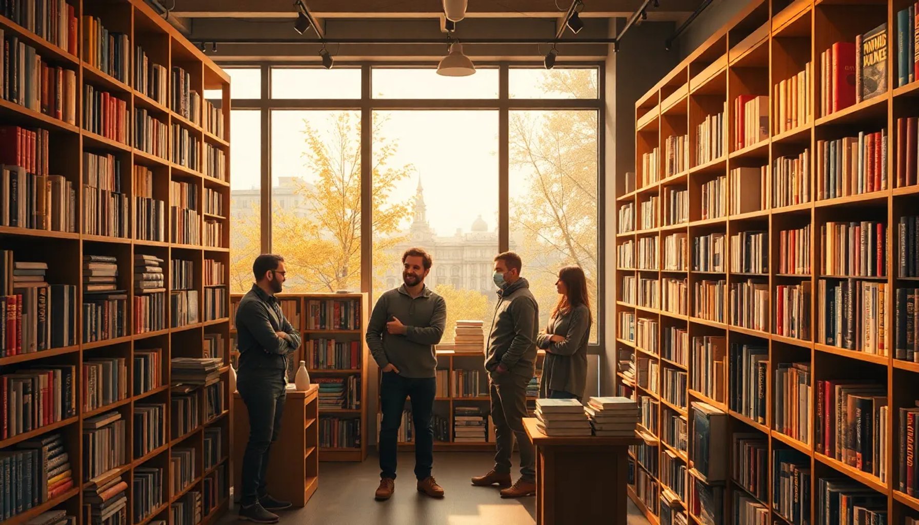 Libreros rodeados de estanterías con libros destacados para la Feria del Libro de Madrid 2026