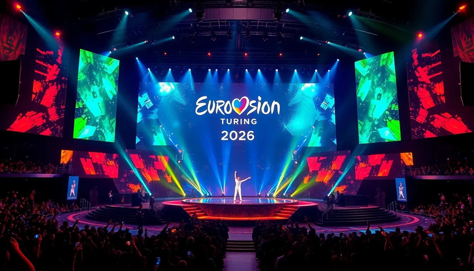 Escena vibrante del escenario de Eurovisión 2026 con luces de colores y artistas en acción