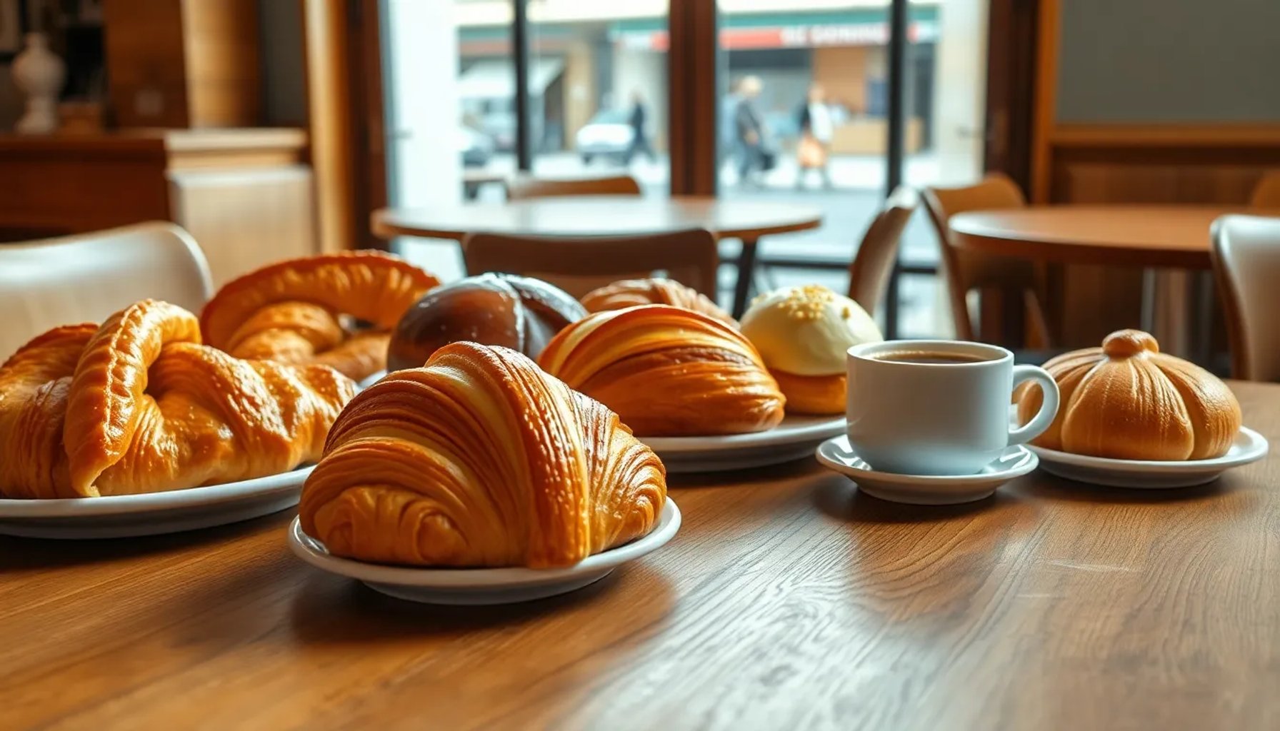 Selección de bollos, croissants y ensaimadas sobre una mesa en una cafetería madrileña