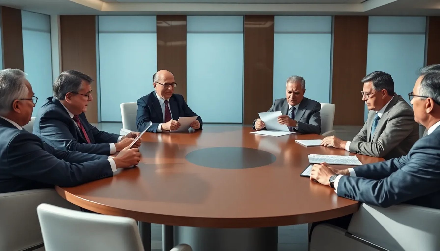 Grupo de expresidentes latinoamericanos conversando en una mesa redonda, con documentos y gestos de intercambio de ideas