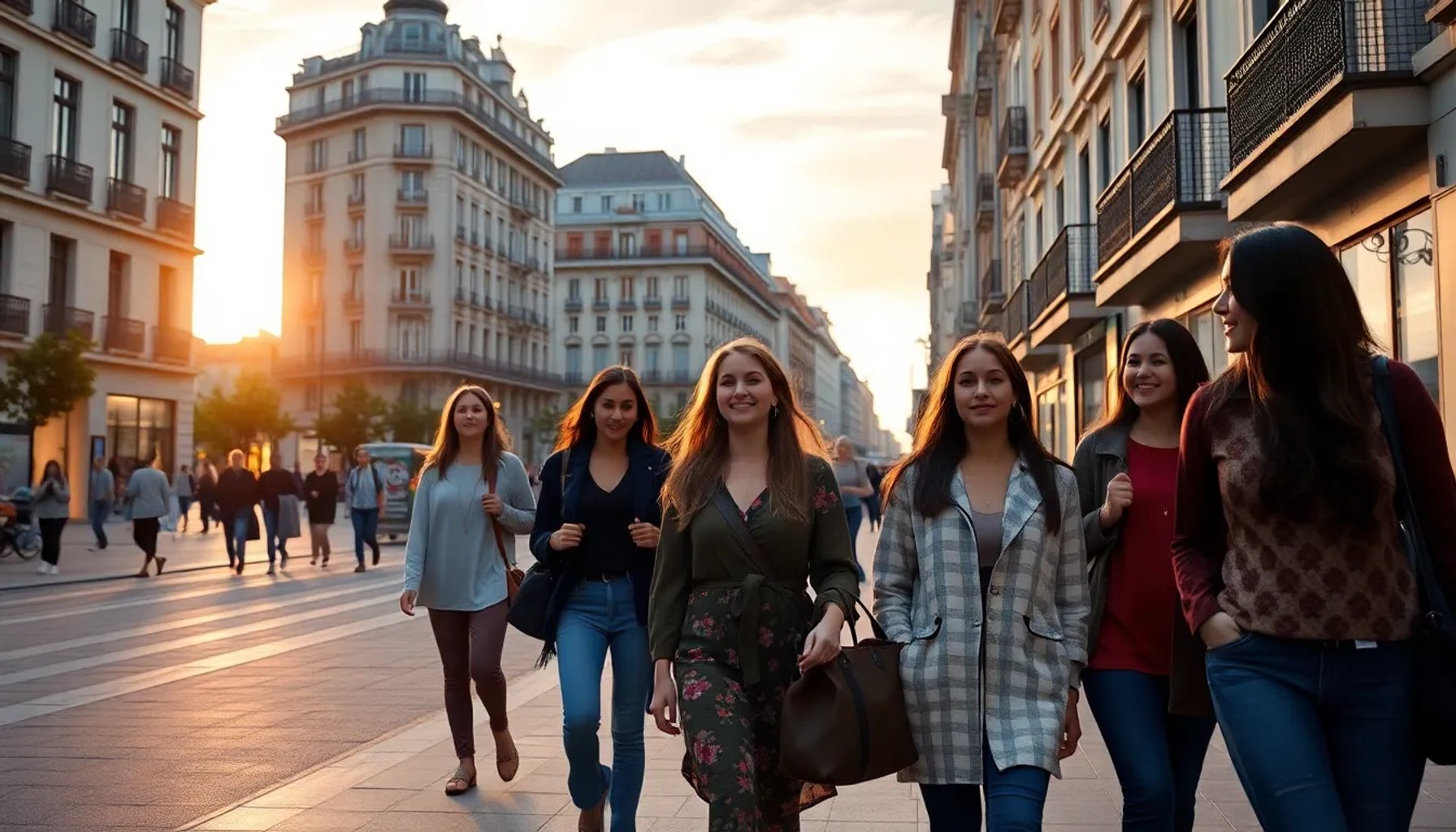 Mujeres caminando tranquilamente por una calle iluminada de Madrid al atardecer