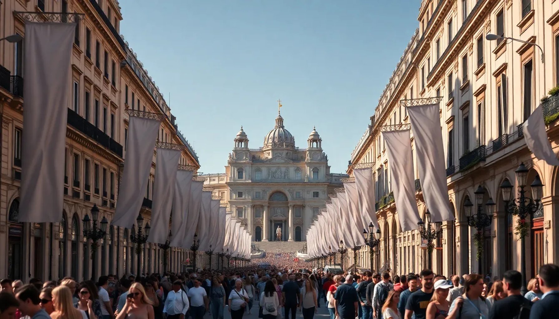 Calles de Madrid iluminadas y decoradas para la visita del Papa León XIV