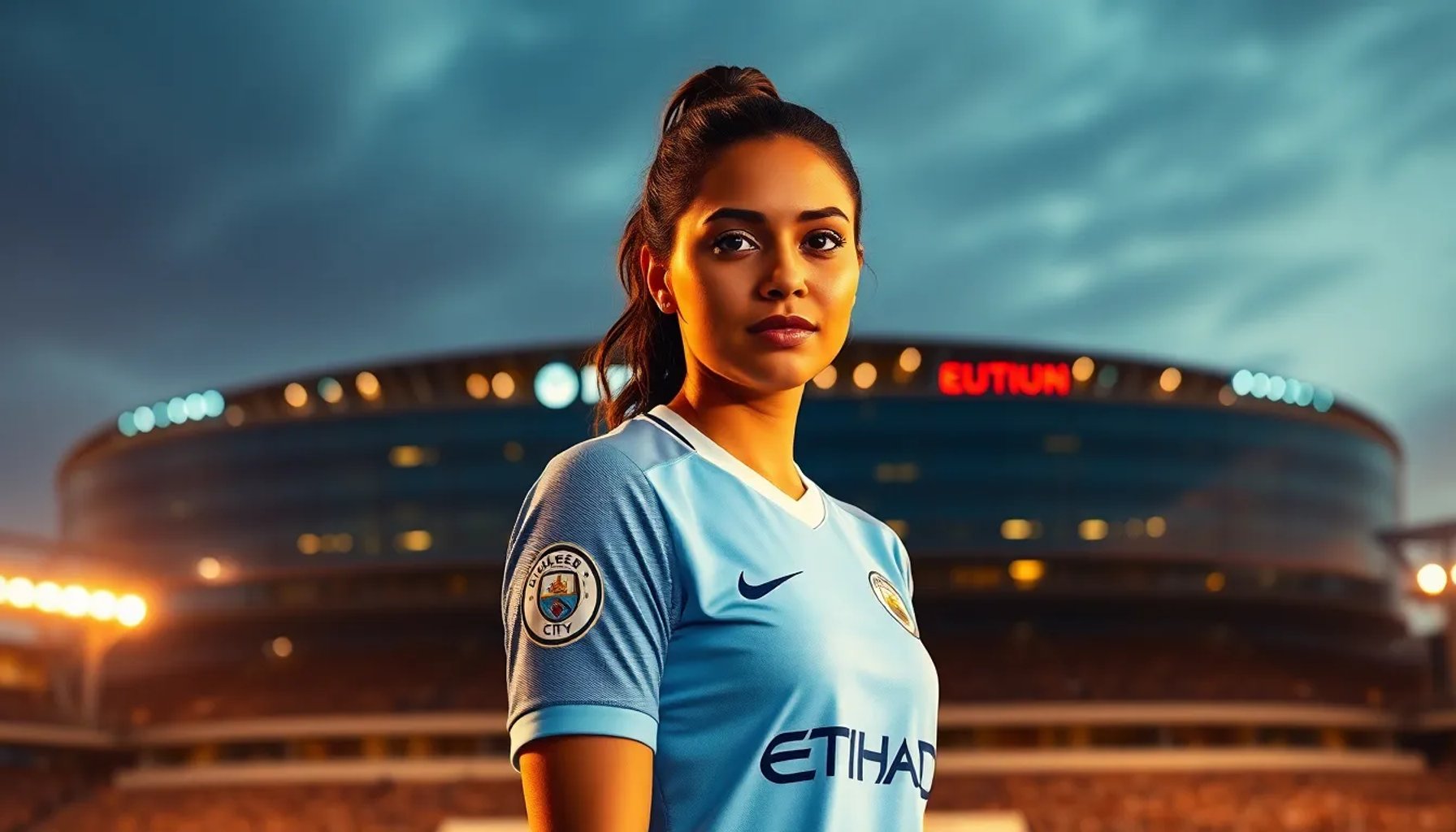 Leila Ouahabi vestida con la camiseta del Manchester City, mirando al horizonte del Etihad Stadium