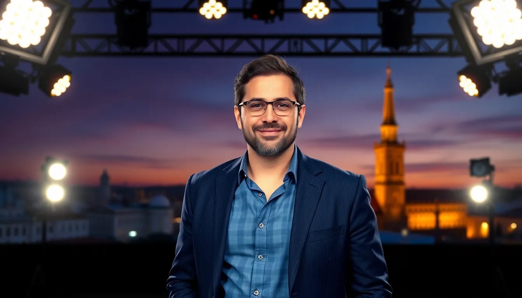Manu Sánchez frente al escenario de La 1, rodeado de luces y el skyline de Sevilla al atardecer