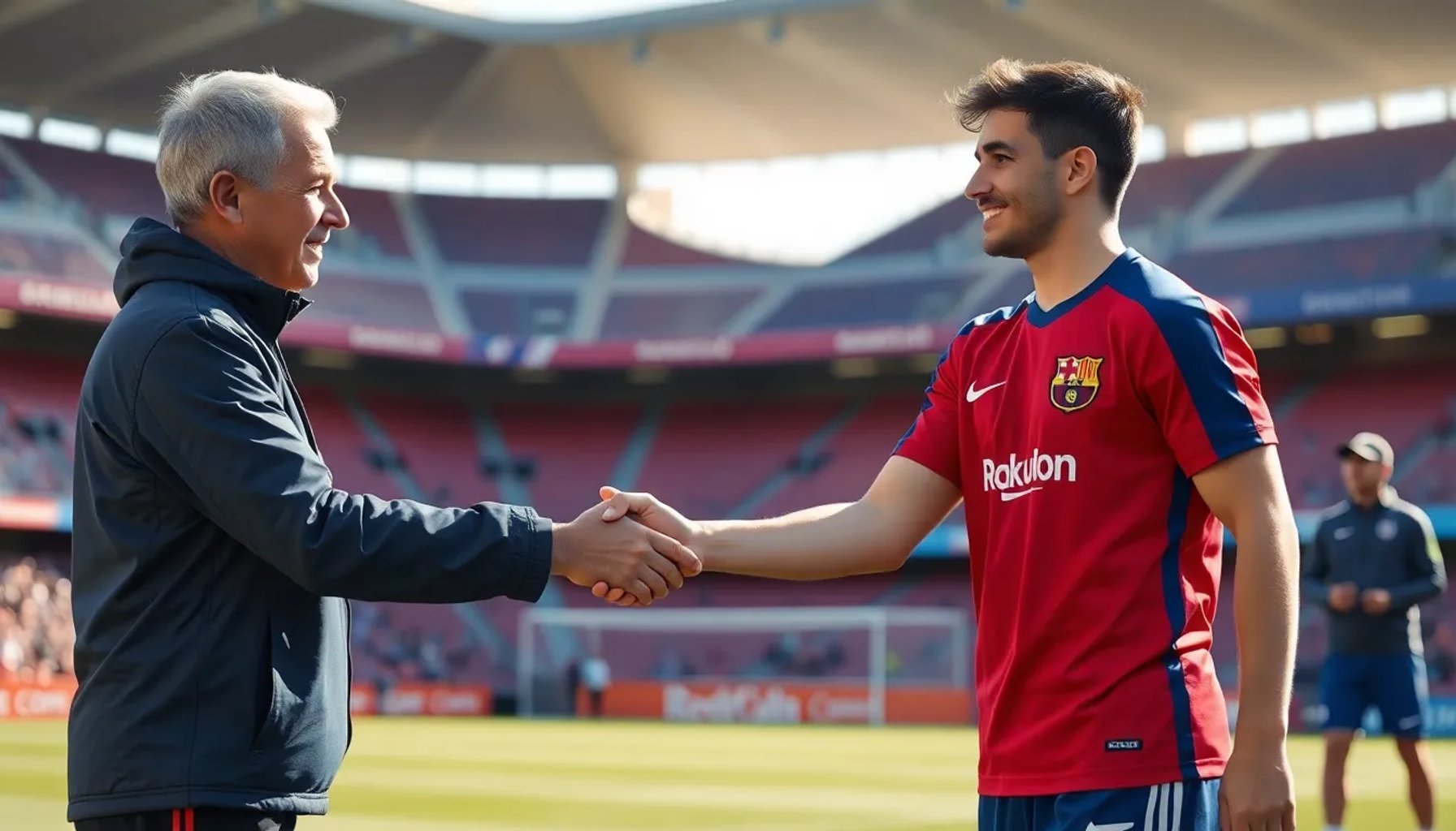 Marc Bernal estrecha la mano de Hansi Flick en el campo de entrenamiento del Barcelona, ambos sonríen bajo el sol del Camp Nou