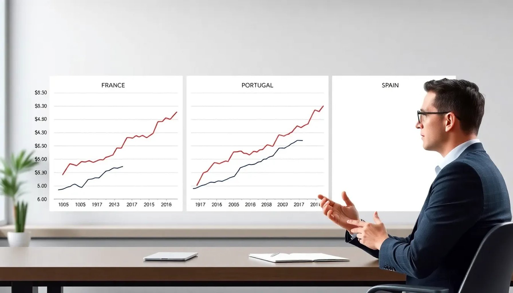 Gráfico comparativo del aumento del salario real en Francia, Portugal y España durante 30 años