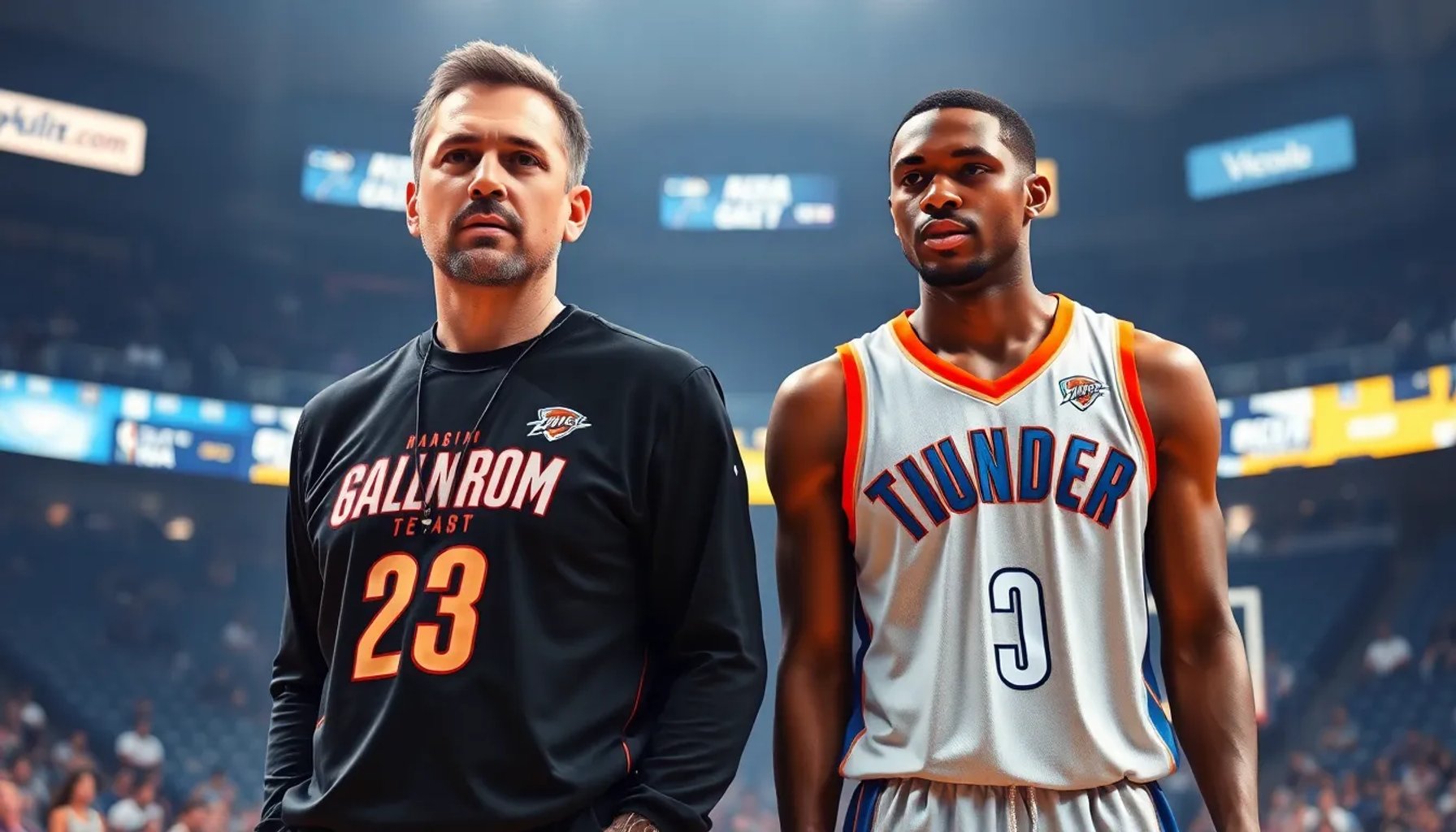 Mark Daigneault y Jaylin Williams en la cancha del OKC Thunder, mostrando energía y competitividad