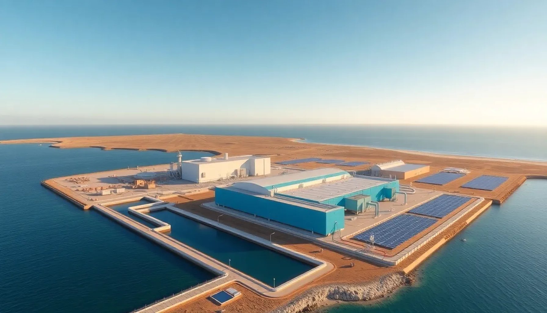 Planta desaladora de agua de mar en la costa marroquí con infraestructura moderna y paneles solares