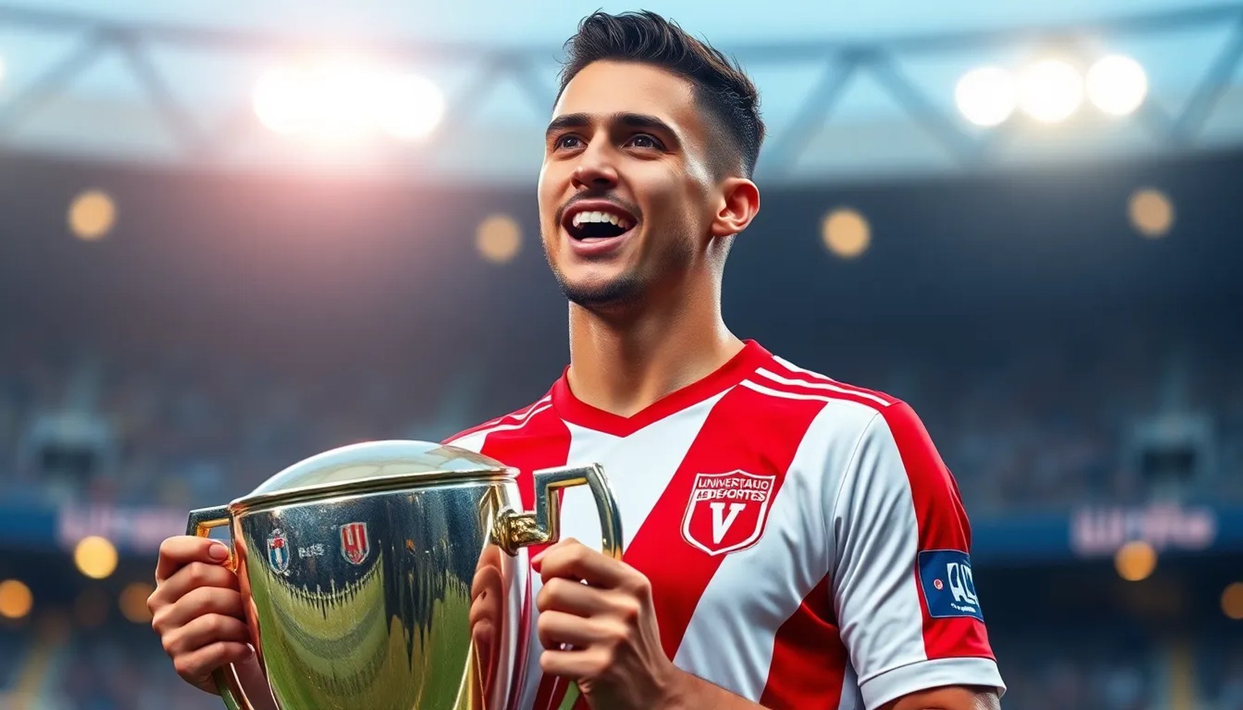 Martín Pérez Guedes sosteniendo el trofeo del título 2023 mientras se despide del estadio
