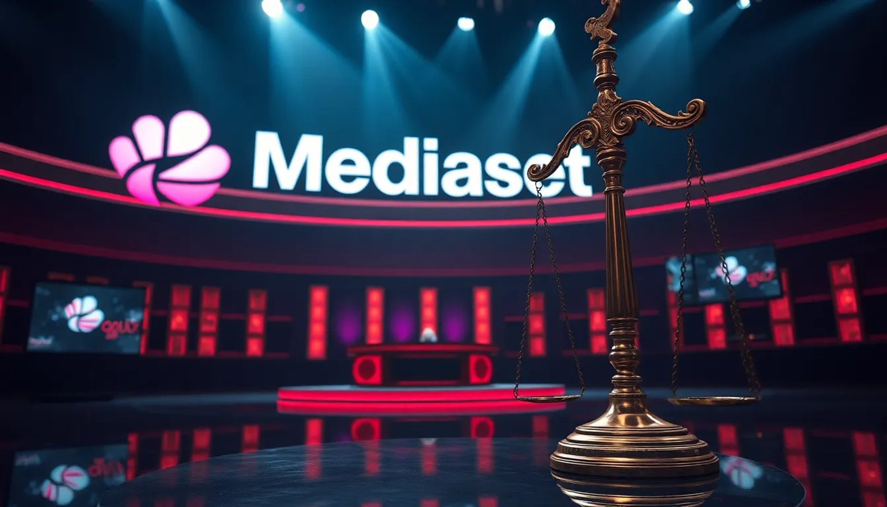 Logotipo de Mediaset y el programa Pasapalabra bajo una balanza de la justicia