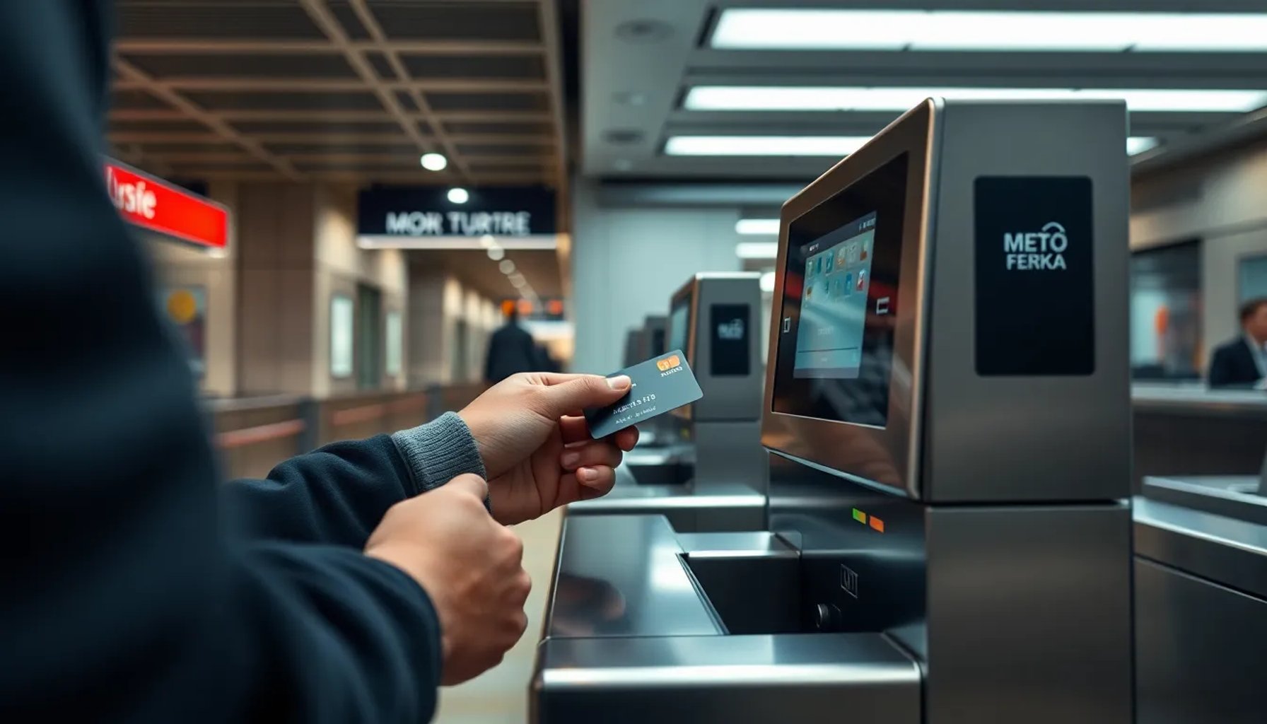 Turnstile of Metro de Madrid with a hand holding a bank card touching the contactless reader