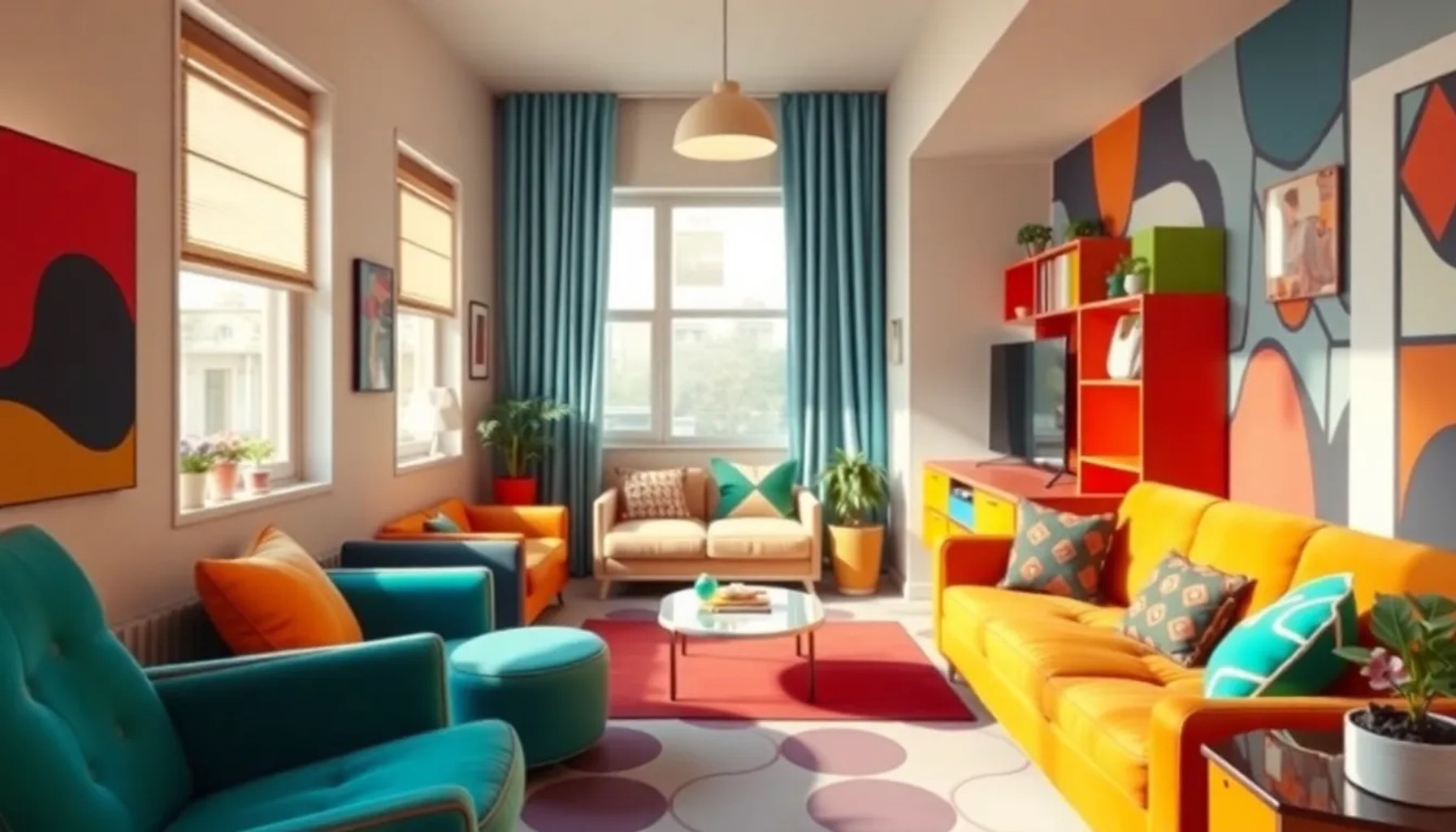 Apartamento pequeño decorado con muebles y objetos del estilo Memphis, reflejando el Milán creativo de los años 80