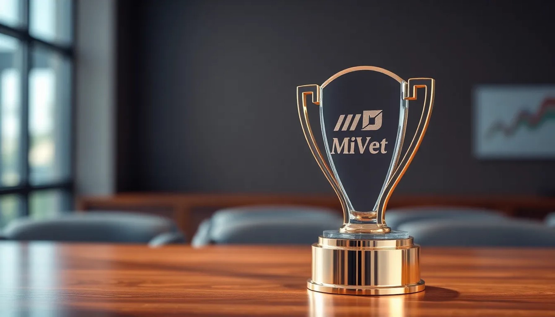 Imagen del trofeo de los Premios Benemeritvm junto al logo de MiVet en una ceremonia de entrega