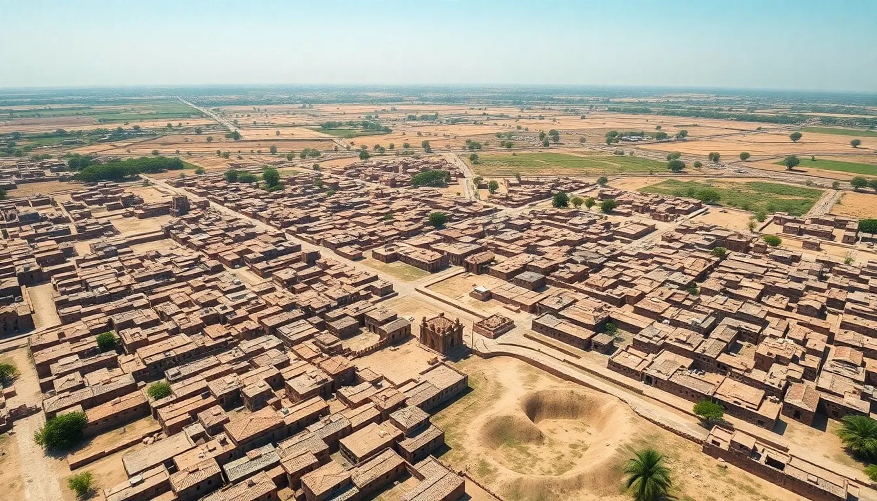 Ruinas de Mohenjo-daro con calles en cuadrícula y estructuras de ladrillo bajo un cielo despejado