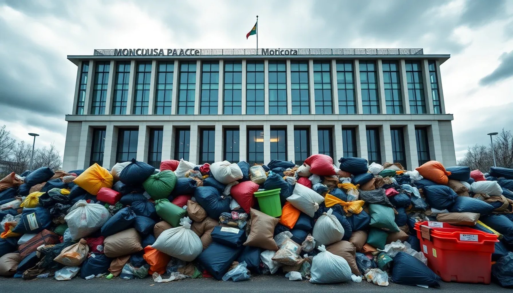Montón de residuos frente a la fachada del Palacio de la Moncloa, simbolizando la generación de 431 toneladas de basura