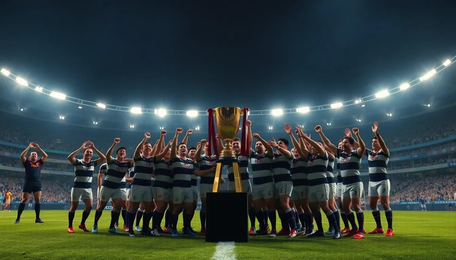 Jugadores del Montpellier levantan el trofeo de la Challenge Cup en el estadio San Mamés, Bilbao