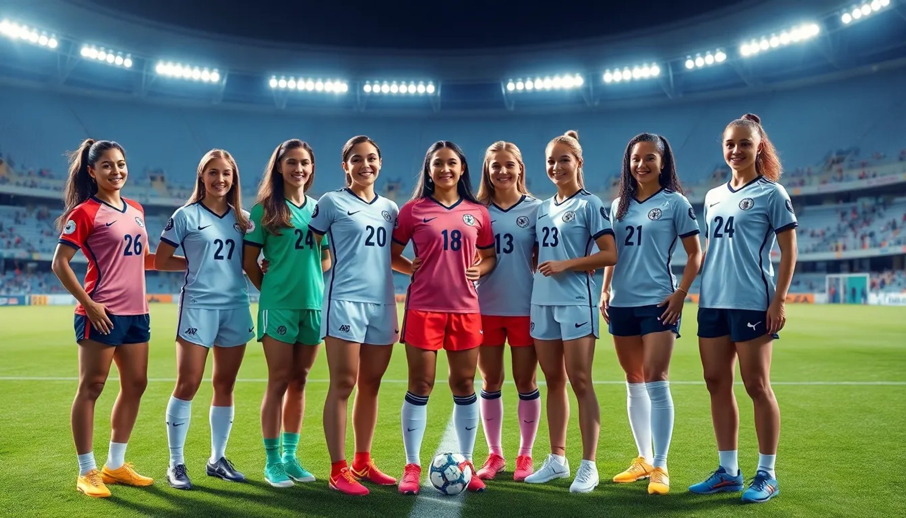 Jugadoras de fútbol femenino celebrando su nuevo contrato en un estadio iluminado