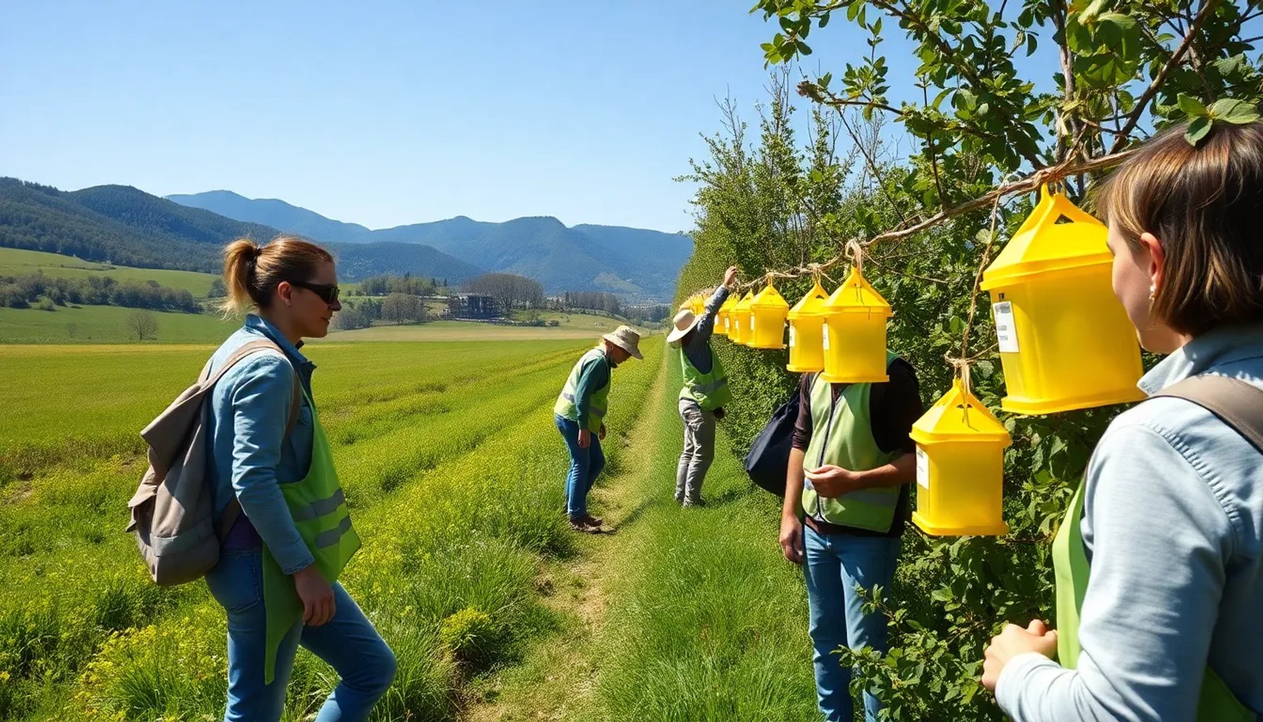 Voluntarios en un bosque de Navarra colocando trampas amarillas para capturar avispas asiáticas invasoras