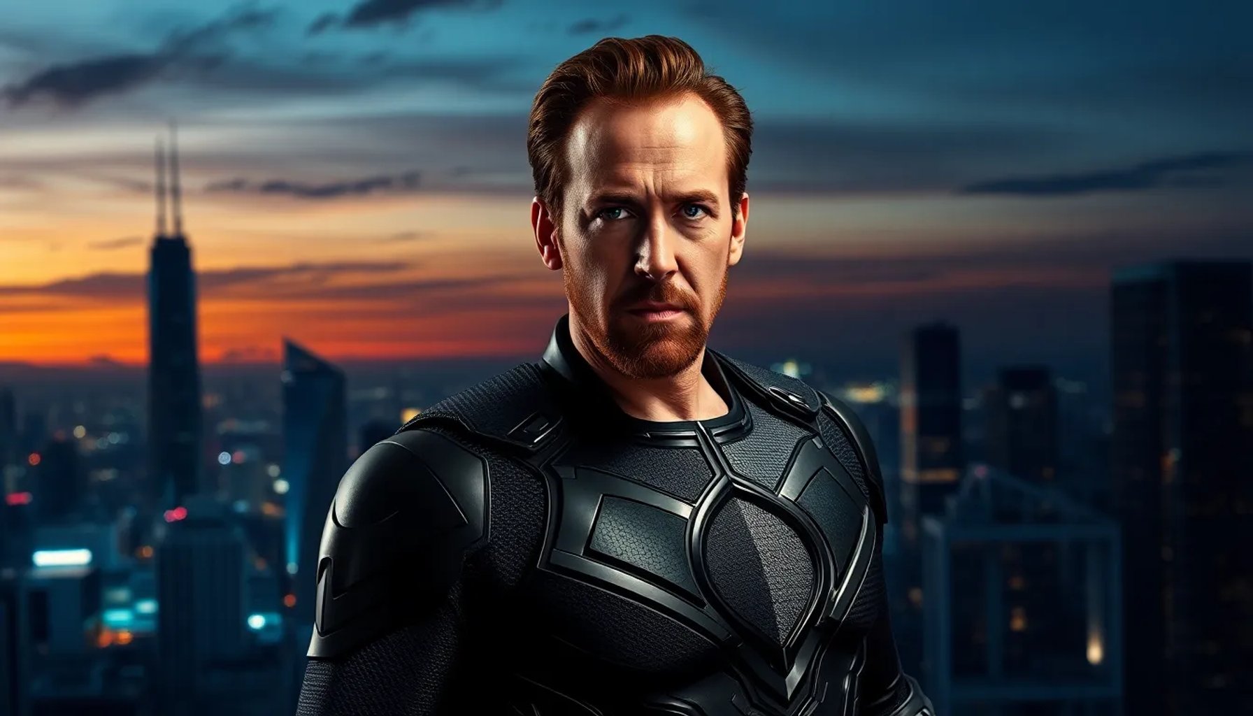 Nicolas Cage en el póster de la nueva serie de Marvel en Prime Video, con luces de ciudad futurista