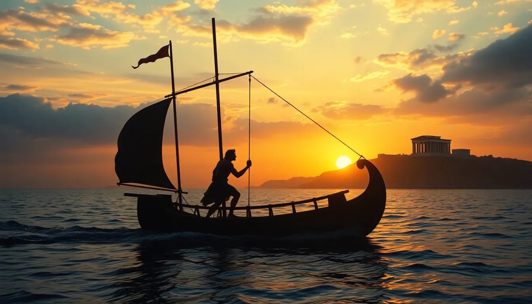 Ilustración fotorrealista de Ulises navegando en su barco bajo la luz del amanecer, con la sombra de la Acrópolis al fondo