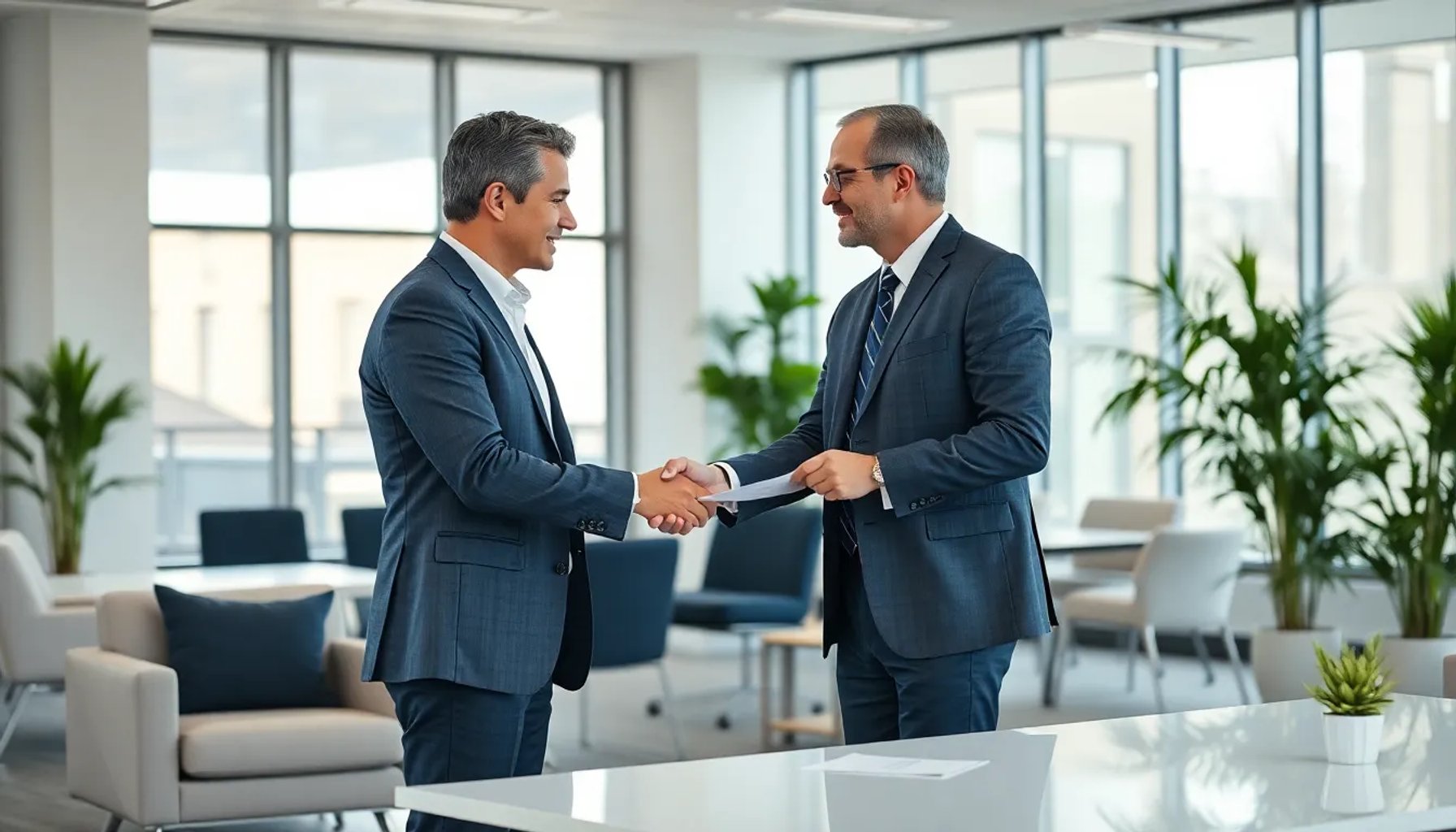 Empleado conversando con su jefe mientras firma un acuerdo de excedencia de cinco años