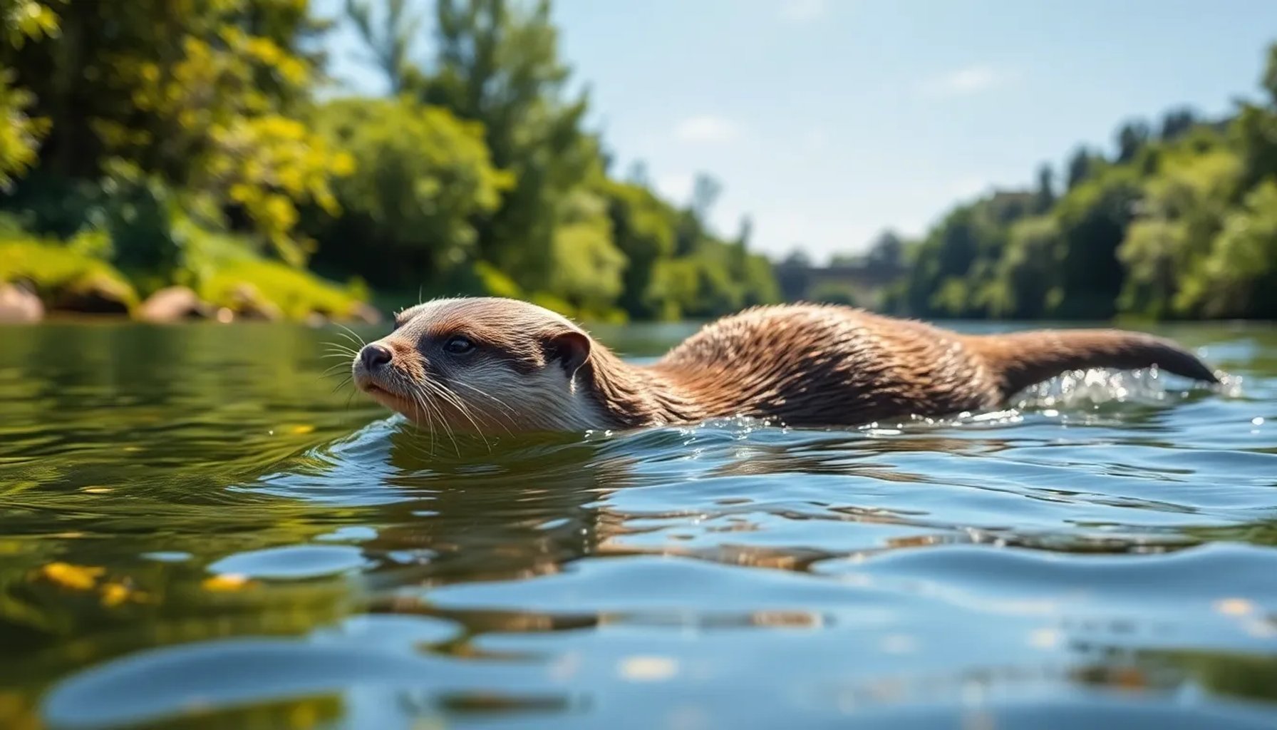 Nutria nadando en el río Manzanares, rodeada de vegetación ribereña bajo un cielo claro